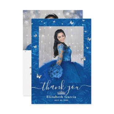 Silver and Royal Blue Quinceañera 2 Photo Birthday Thank You Card