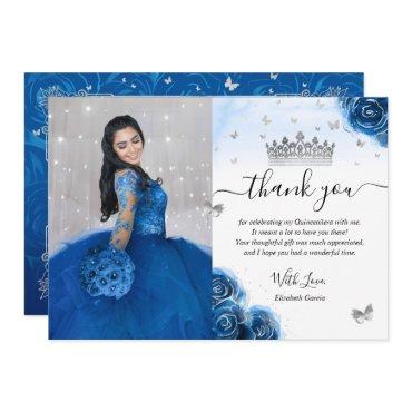 Silver and Royal Blue Quinceañera Photo Birthday Thank You Card