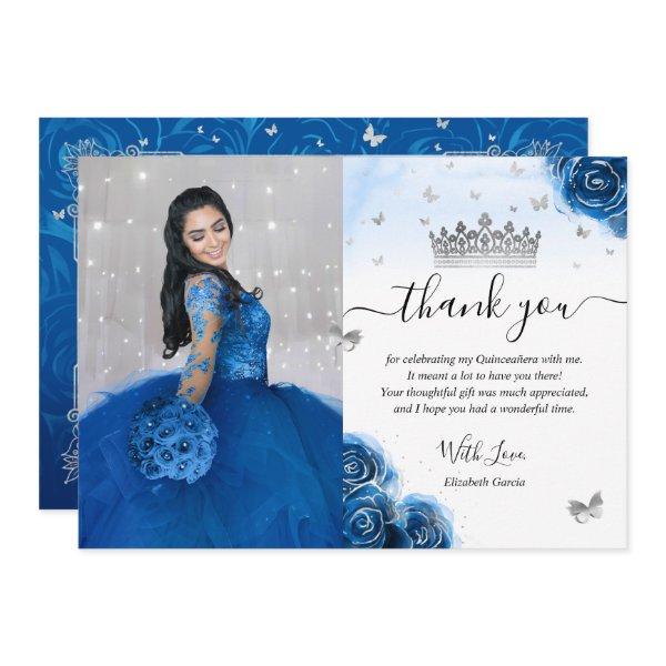 Silver and Royal Blue Quinceañera Photo Birthday Thank You Card