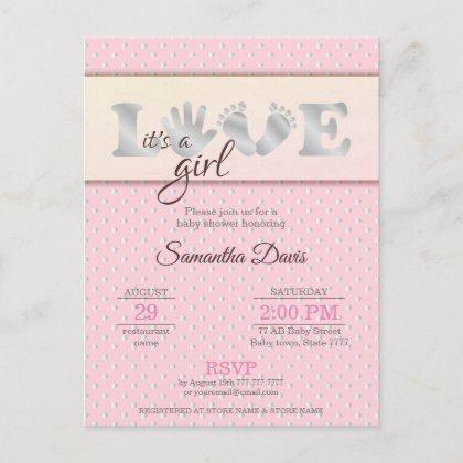 Silver Baby Girl LOVE and Hearts Baby Shower Invitation Postcard