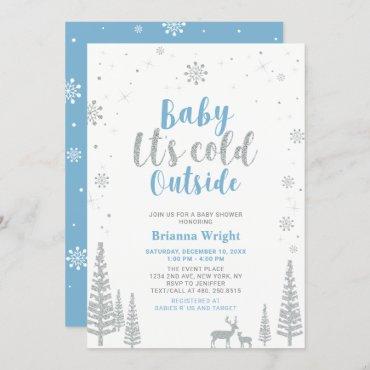 Silver & Blue Winter Wonderland Boy Baby Shower In Invitation