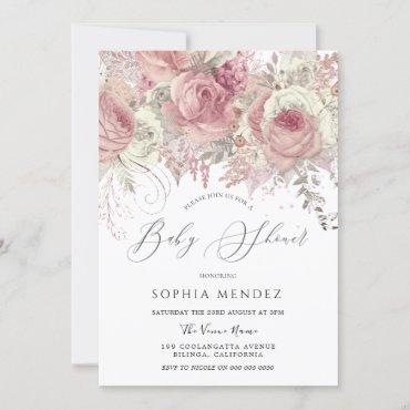 Silver & Blush Enchanted Floral Girls Baby Shower Invitation