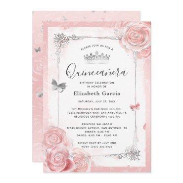Silver Blush Pink Roses Watercolor Quinceanera