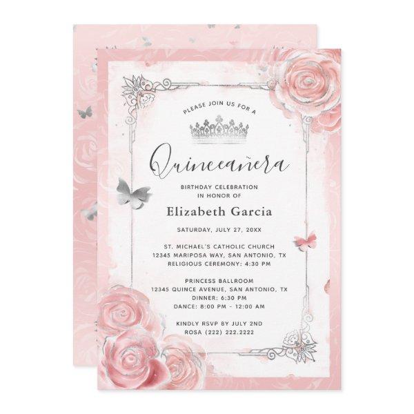 Silver Blush Pink Roses Watercolor Quinceanera