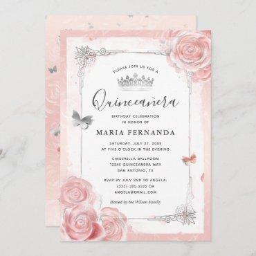 Silver Blush Pink Roses Watercolor Quinceanera Invitation