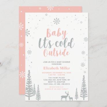 Silver & Coral Winter Wonderland Girl Baby Shower Invitation