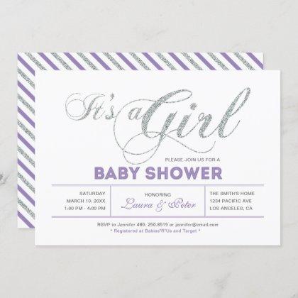 Silver | Girl, Modern Typography Baby Shower Invitation