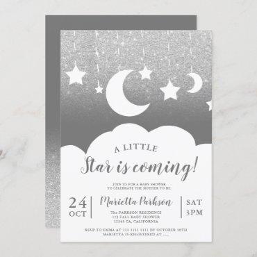 Silver glitter gray star moon cloud baby shower invitation