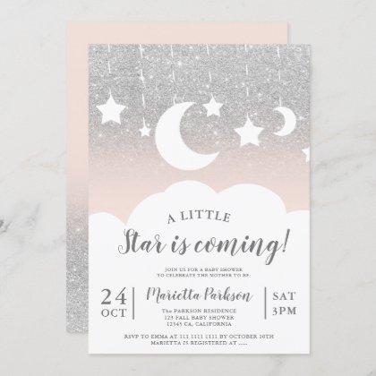 Silver glitter star moon cloud baby shower invitation