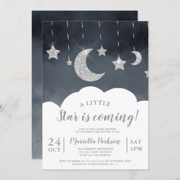 Silver glitter star moon cloud gray baby shower invitation