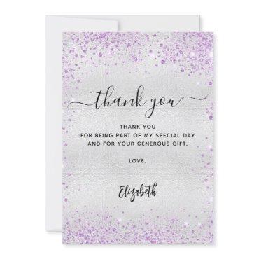 Silver lavender glitter thank you card