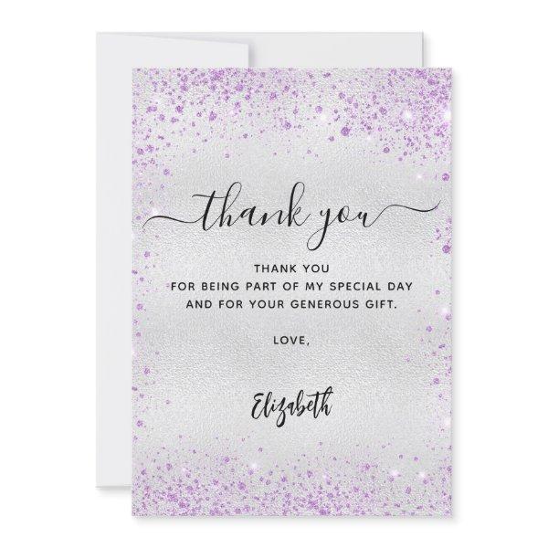 Silver lavender glitter thank you card