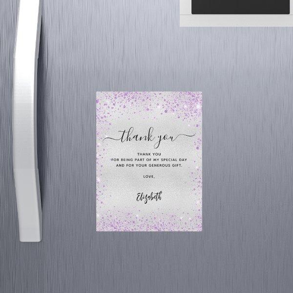 Silver lavender glitter thank you card
