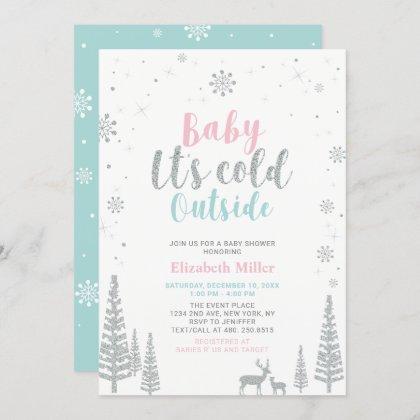 Silver, Pink & Mint Winter Wonderland Baby Shower Invitation