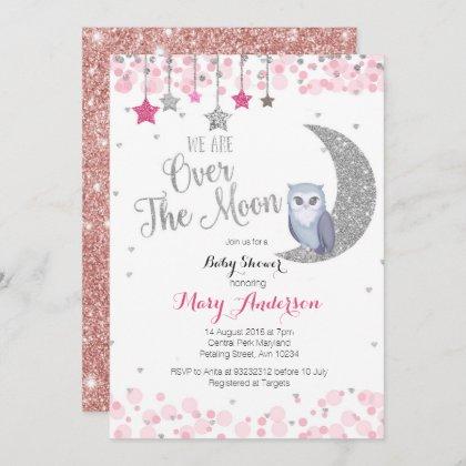 Silver Pink Owl Moon Baby Shower Invitation