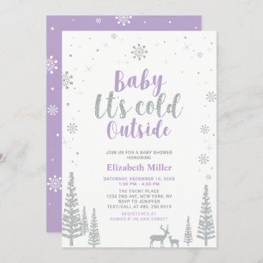 Silver & Purple Winter Wonderland Girl Baby Shower Invitation