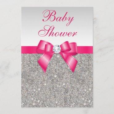 Silver Sequins Hot Pink Bow Girls Baby Shower Invitation