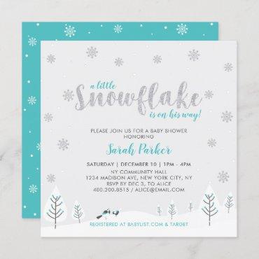 Silver & Teal Winter Wonderland Boy Baby Shower Invitation