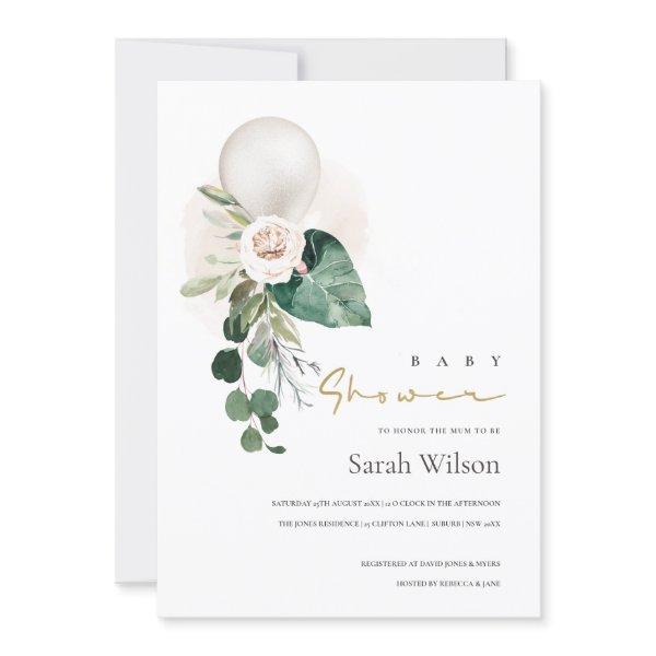 SILVER WHITE BALLOON FLORAL BABY SHOWER INVITE