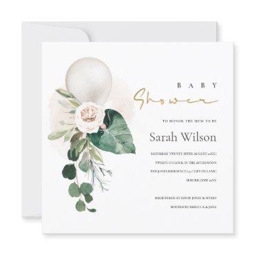 SILVER WHITE BALLOON FLORAL BABY SHOWER INVITE