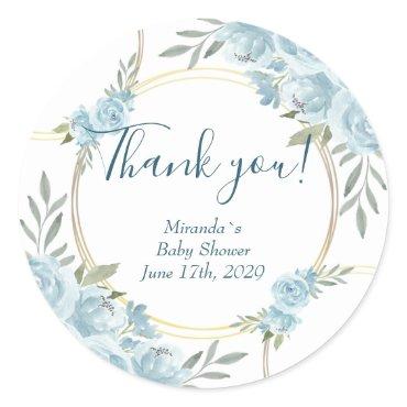 Simple Blue Watercolor Floral Baby Shower Classic Classic Round Sticker