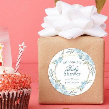 Simple Blue Watercolor Floral Baby Shower Classic Round Sticker