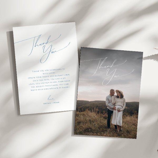 Simple Dusty Blue Vertical Photo Baby Shower Thank You Card
