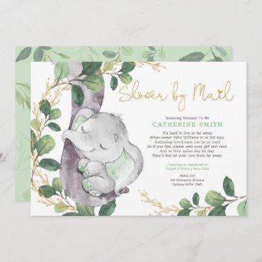 Simple Greenery Gold Elephant Baby Shower By Mail Invitation
