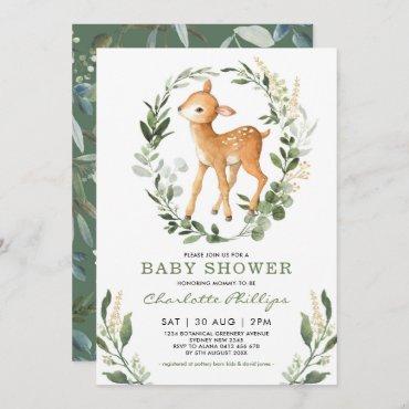 Simple Greenery Woodland Deer Neutral Baby Shower Invitation