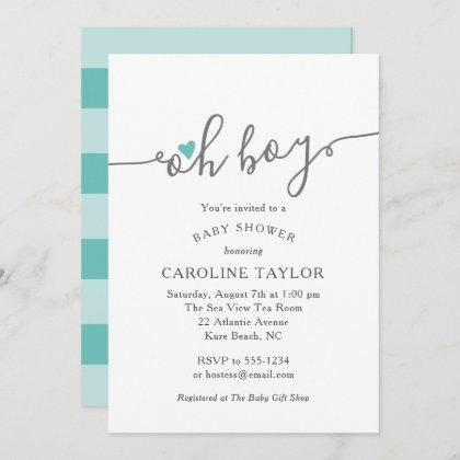 Simple Oh Boy Teal Baby Shower Invitation