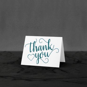 Simple Teal Script | Dark Blue-Green Heart Photo Thank You Card