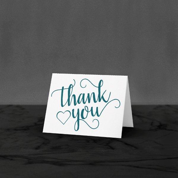Simple Teal Script | Dark Blue-Green Heart Photo Thank You Card