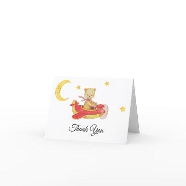 *~* Simple Teddy Bear Flying Red Plane Moon Thank You Card
