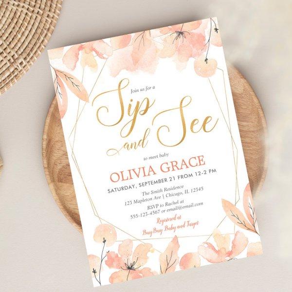 Sip and See baby girl, blush pink gold elegant