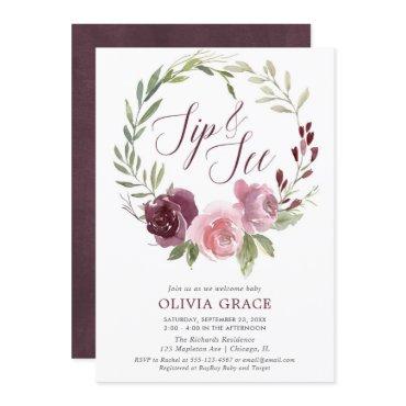 Sip and See burgundy blush girl floral watercolors