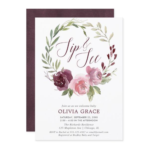 Sip and See burgundy blush girl floral watercolors