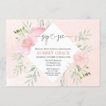 Sip and See girl baby shower Floral blush pink