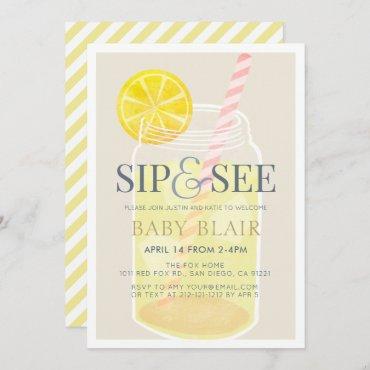Sip & See Lemonade Mason Jar Beige Baby Shower Invitation