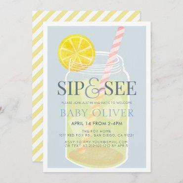 Sip & See Lemonade Mason Jar Blue Baby Shower Invitation