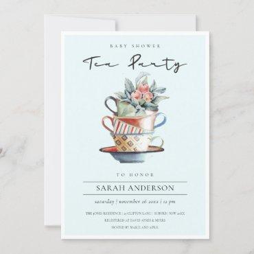 Sky Blue Stacked Cup Baby Shower Tea Party Invite