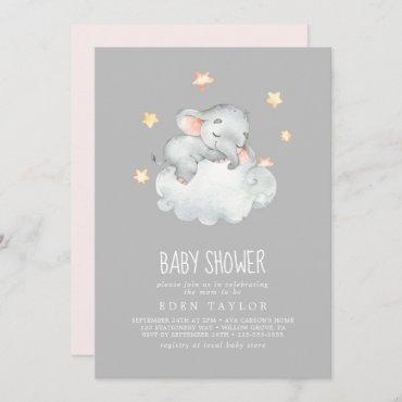 Sleeping Little Elephant Girl | Gray Baby Shower Invitation