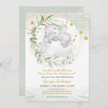 Sleepy Elephant Greenery Twinkle Star Baby Shower Invitation