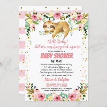 Sloth Baby Girl Shower By Mail Pink And Gold Invitation