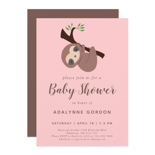 Sloth Baby Shower Girl Pink Brown Modern Simple