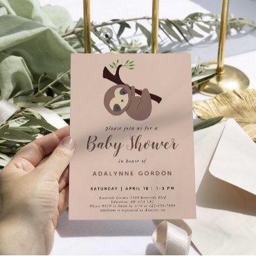 Sloth Baby Shower Pink Brown Modern Minimal Cute