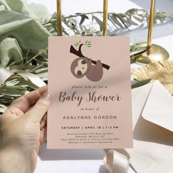 Sloth Baby Shower Pink Brown Modern Minimal Cute