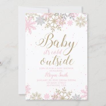 Snowflake Pink and Gold Glitter Winter Baby Shower Invitation