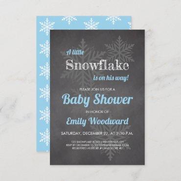 Snowflake Winter Chalkboard Blue Boys Baby Shower Invitation