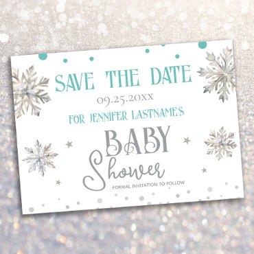 Snowflakes Winter Baby Shower Save the Date