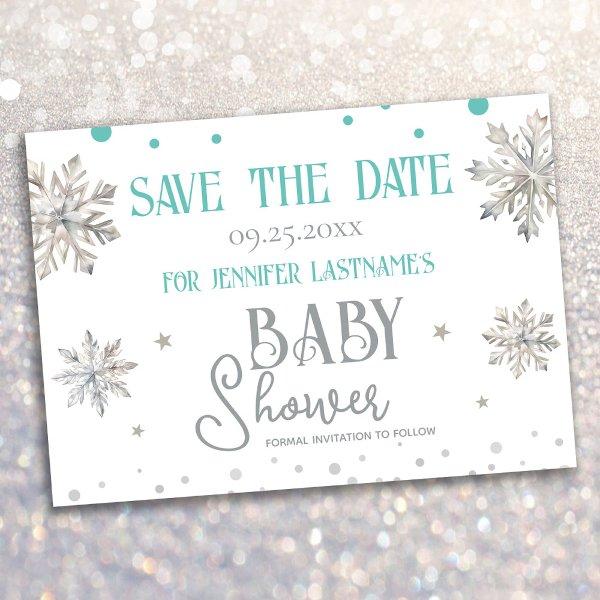 Snowflakes Winter Baby Shower Save the Date